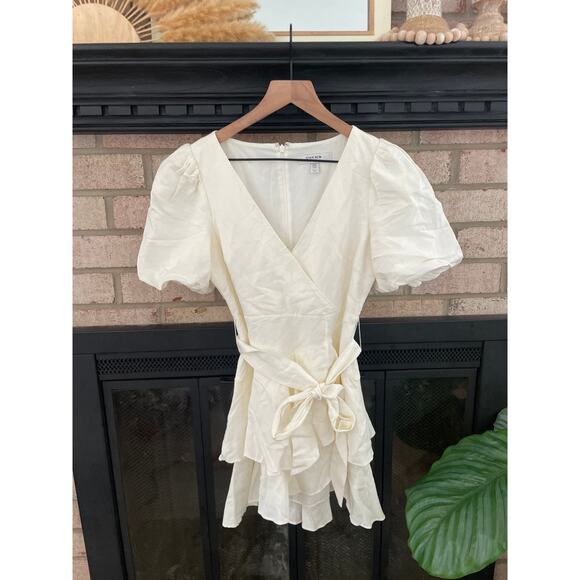 Ever New Linen Dress Size 4 White Puff Sleeve Tiered Wrap Mini Tie Waist - Picture 5 of 11